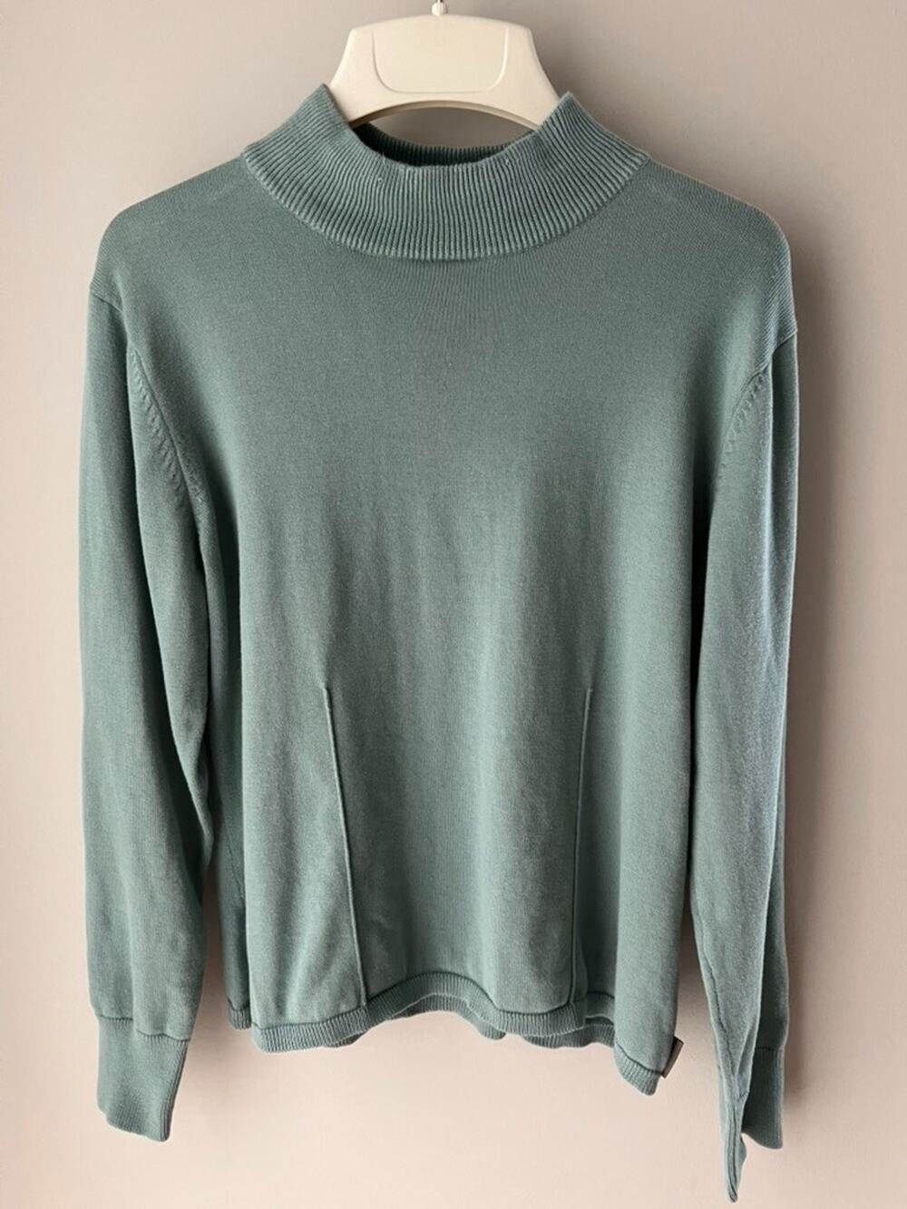Woolrich Women's Petite L 100% Cotton Mock Neck Sweater Sage Green Teal Pullover
